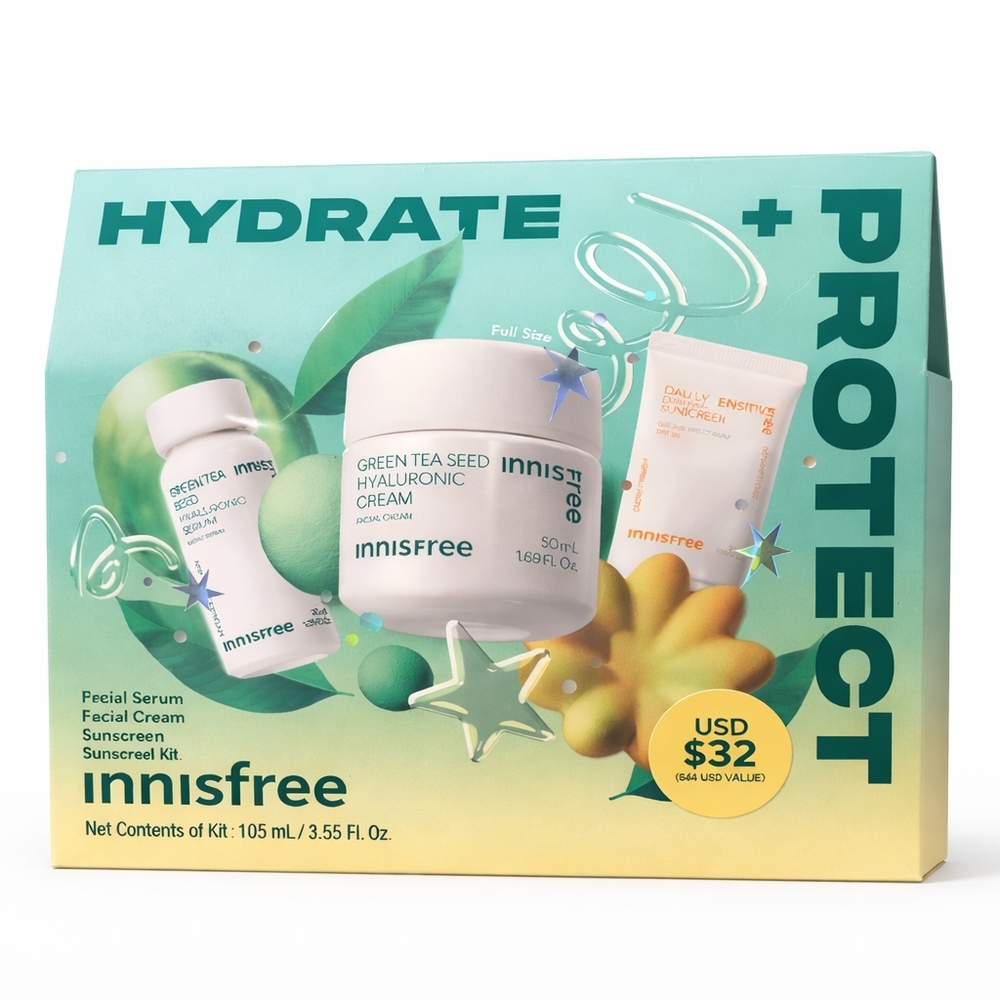 Innisfree Green Tea Hydration Set – Hyaluronic Cream, Serum & Sunscreen K-Beauty
